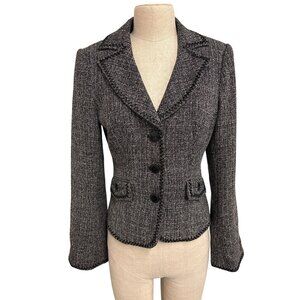 Georgiou Studio Womens Black White Tweed Embroidered Button-Up Blazer Size 8